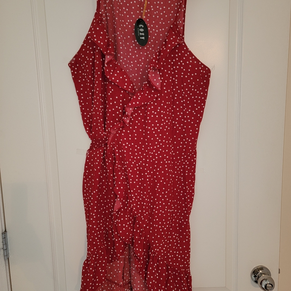 Cozy Casual Red wrap dress  with white polka dot design Plus sizes